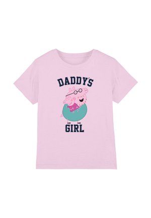 Pink cotton t-shirt featuring a graphic of a pig and a child, with the text "DADDY'S GIRL" in bold navy letters. Short sleeves, classic fit.