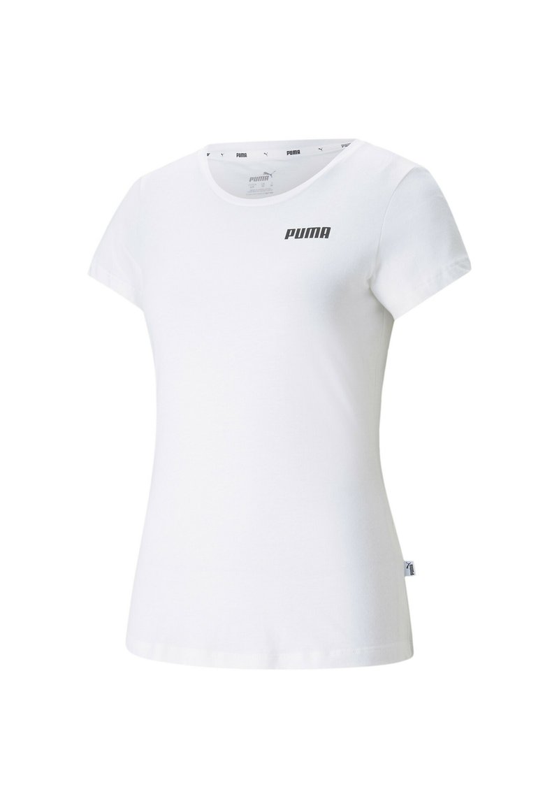 Bílé bavlněné tričko s krátkými rukávy, kulatým výstřihem a malým černým logem Puma na hrudi. Má přiléhavý střih a jemnou texturu.