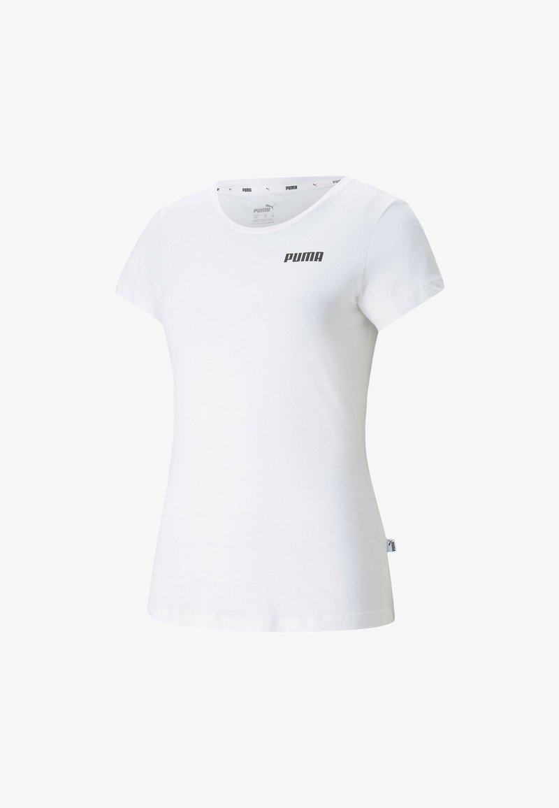 Bílé bavlněné tričko s krátkými rukávy, kulatým výstřihem a malým černým logem Puma na hrudi. Má přiléhavý střih a jemnou texturu.