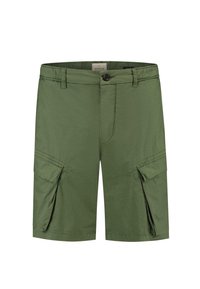 Shorts cargo verts en tissu léger, dotés de deux poches latérales, d'une fermeture à boutons et d'un zip. Design simple et fonctionnel.