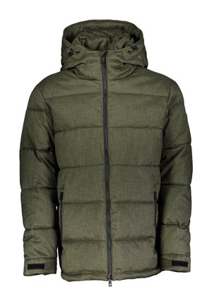 Daunenjacke in Dunkelgrün mit strukturiertem Stoff, Reißverschluss vorne, verstellbare Kapuze und Klettverschluss am Handgelenk.