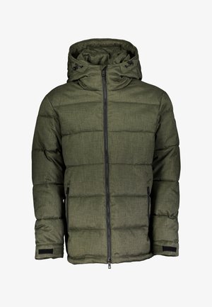 Pufferjack in donkergroen, met een gestructureerde stof, rits aan de voorkant, verstelbare capuchon en klittenbandsluitingen bij de manchetten.