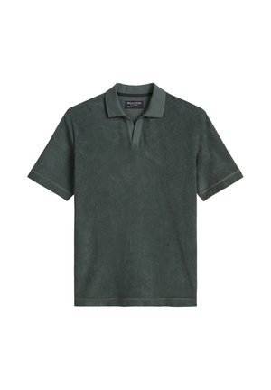 Ciemnozielona koszulka polo z krótkim rękawem, miękka tkanina o strukturze i małym kołnierzykiem, metka z marką "Marc O'Polo".