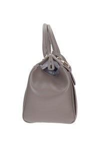 Borsa a tracolla grigia in pelle con texture liscia, forma arrotondata, doppio manico e chiusura con zip. Interno con rivestimento chiaro.