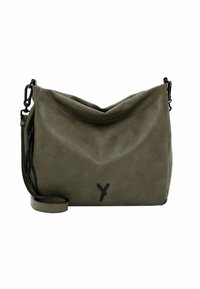 Perforeret olivengrøn læderhåndtaske med en blød, slouchy silhuet, kortere sortrem og en subtil logoaccent foran.