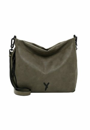 Perforeret olivengrøn læderhåndtaske med en blød, slouchy silhuet, kortere sortrem og en subtil logoaccent foran.