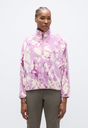 Fleece pullover met een halve rits, voorzien van een roze en crème tie-dye patroon. Losse pasvorm met een cropped zoom en zijzakken.
