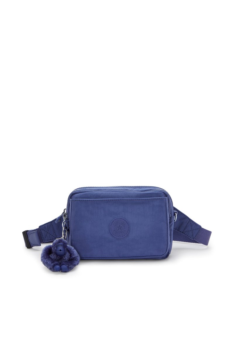 Blue synthetic crossbody bag with a zippered main compartment, flat front pocket, and a cute blue pom-pom keychain detail. Adjustable strap included.