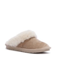 Pantofole beige senza lacci realizzate in morbido suede, con un colletto di pelliccia sintetica bianca e una suola in gomma testurizzata per una buona presa. Nessun particolare hardware visibile.