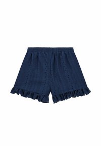 Pantaloni corti blu navy realizzati in tessuto testurizzato con motivi a occhio di pernice, dotati di orlo arricciato e una cintura elastica per il massimo comfort.
