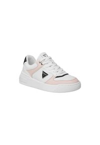 Scarpa sportiva bianca e rosa con tomaia in pelle, design con lacci, colletto imbottito e accentuazione del logo. Presenta una suola in gomma texturizzata.