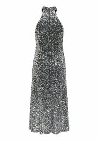 Robe noire à dos nu recouverte de paillettes argentées, avec un corsage ajusté et une jupe évasée à ourlet festonné.