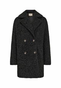 Abrigo de lana negro y esponjoso, de doble botonadura con grandes botones, solapas anchas y silueta relajada. Tejido texturizado con un aspecto suave.