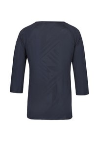 Navy blue long-sleeve shirt with a crew neck, featuring a subtle abstract pattern and raglan sleeves. Made of lightweight, smooth fabric.