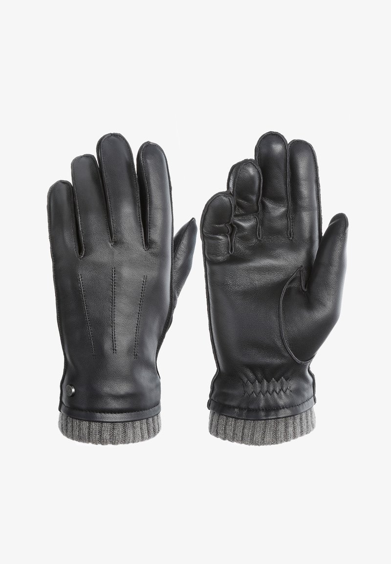 Černé kožené rukavice s ribbovanými šedými pletenými manžetami. Mezi charakteristiky patří tři prošívané linie na hřbetu a malý kovový akcent na zápěstí.