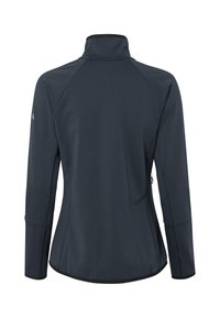 Giacca aderente grigio scuro con colletto alto, maniche lunghe e tessuto testurizzato. Presenta maniche raglan e una tasca laterale con zip.