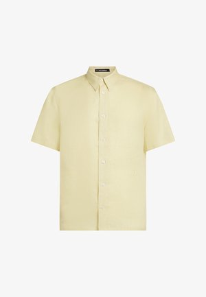 Camicia a maniche corte in lino giallo chiaro, con colletto button-down, bottoni frontali e ricamo discreto del logo sul lato sinistro.