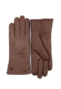 Brown leather gloves featuring a smooth texture, five-finger design, gathered wrist detail, and a small engraved logo on the cuff.