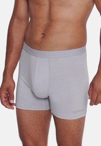 Boxer grigi da uomo realizzati in tessuto morbido. Presentano una cintura elastica liscia e una silhouette aderente, con un logo discreto sul lato.