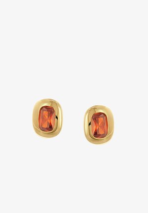 Paar goldene Steckohrringe, jeweils mit einem rechteckigen facettierten orangefarbenen Edelstein, der in einem glatten, abgerundeten goldenen Rahmen eingefasst ist.