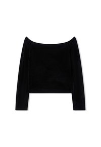 Top nero a manica lunga e corta, realizzato in un morbido materiale vellutato, con scollatura off-the-shoulder e una texture liscia.