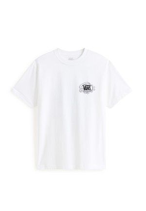 Weißes Baumwoll-T-Shirt mit kurzen Ärmeln. Kleines schwarzes Vans-Logo auf der linken Brustseite. Klassisches Rundhalsausschnitt-Design.