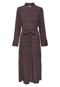 Sukienka z długim rękawem, zapinana na guziki z kołnierzem i paskiem w talii, ozdobiona geometrycznym wzorem w ciemnofioletowych i jasnobeżowych tonacjach.