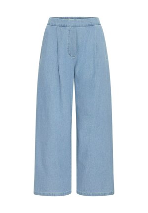 Világoskék, bő nadrág denim anyagból, puha tapintással, elasztikus derékrésszel és elöl pleat-ekkel. Klasszikus egyenes szabású szegélyek jellemzik.