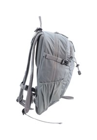 Gray backpack with textured, durable fabric, multiple compartments, mesh straps, and adjustable buckles. Features side pockets for storage.