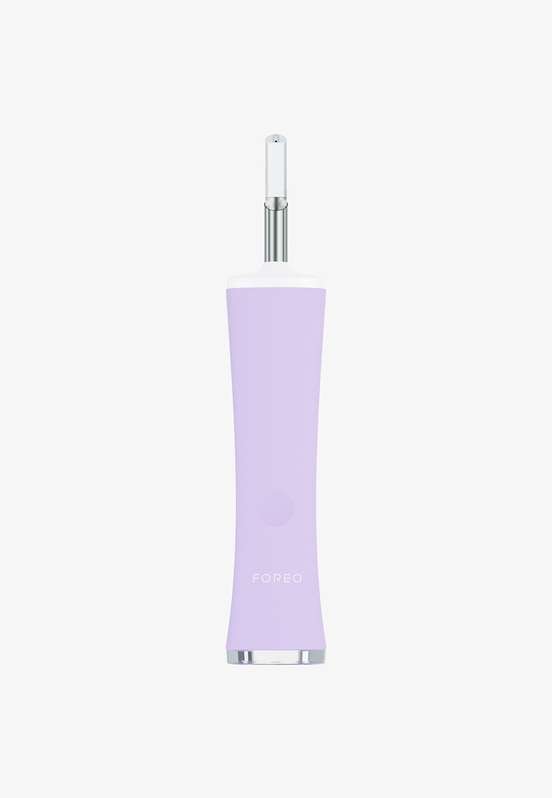 Violet silicone facial device with a white top and chrome base, featuring a silver applicator tip and a round button on the handle.