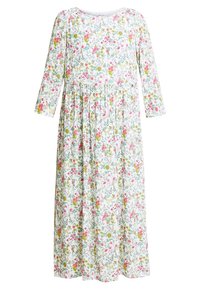 Robe à imprimé floral avec des manches trois-quarts, un col rond et une jupe froncée. Elle présente un fond blanc avec des fleurs roses, jaunes et vertes.
