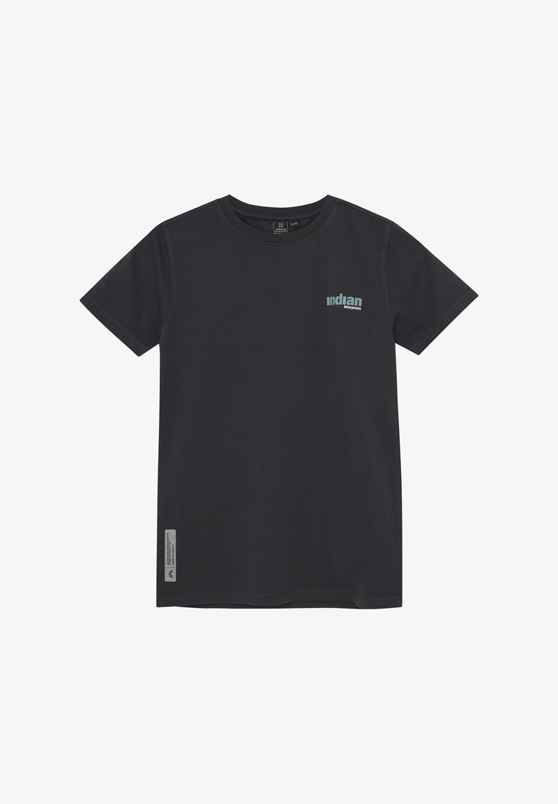 Sort bomulds T-shirt med korte ærmer, rund hals, logo i teal på venstre bryst foran og en side søm label med mærkets detaljer.