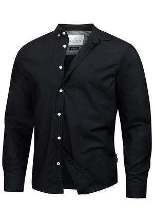 Fekete hosszú ujjú ing fehér gombokkal, gombos gallérral és egy kis márkajelzéssel a mellkason.