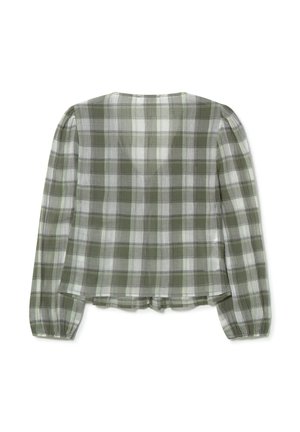 Camisa de manga larga a cuadros verdes con un corte holgado, que presenta mangas abullonadas y un escote redondeado. La tela es ligera y ligeramente transparente.