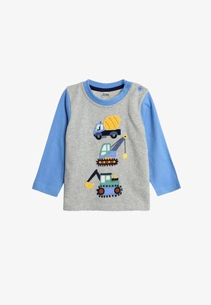 Šedá košile s dlouhým rukávem a modrými akcenty. Na přední straně se nacházejí barevné aplikace náklaďáku a stavebního stroje. Jemný bavlněný materiál.