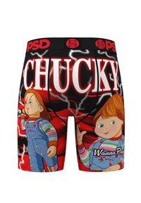 Red boxer briefs featuring graphic prints of Chucky and another character, with "CHUCKY" text prominently displayed above.