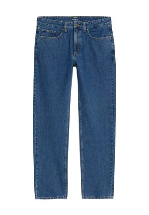 Jeans in denim blu con un design a gamba dritta. Le caratteristiche includono una chiusura con bottone, passanti per la cintura e il classico stile a cinque tasche.