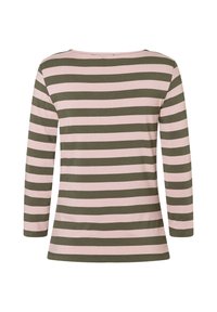 Langärmliges Hemd in olivgrün und hellrosa horizontalen Streifen, runder Ausschnitt, weicher Baumwollstoff, leicht gewellter Saum.