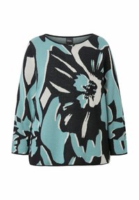Maglione a maglia floreale caratterizzato da una palette di colori nero, turchese e crema, con una forma a scatola e maniche a 3/4. Texture liscia.