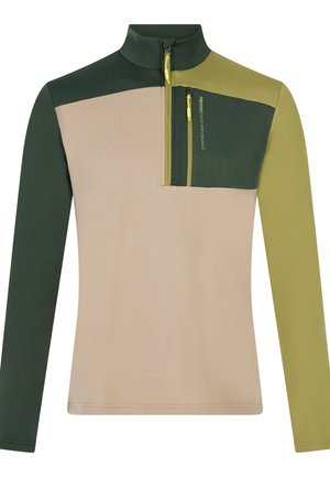 Langarm, half-zip top met een kleurblokdesign in beige, donkergroen en lichtolijf. Gestructureerde stof met een ritszak op de borst.