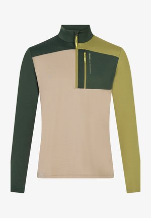 Langarm, half-zip top met een kleurblokdesign in beige, donkergroen en lichtolijf. Gestructureerde stof met een ritszak op de borst.