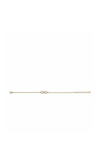 Pulsera de cadena de oro con un símbolo de infinito y acentos de cristal en el centro. Longitud ajustable con cierre de langosta.