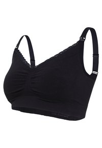 Bralette inalámbrico negro con diseño de cuello en V, tela texturizada, ribete de encaje a lo largo del escote y tirantes ajustables. Material suave y elástico.
