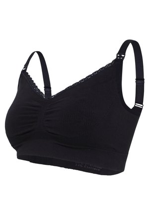 Zwarte draadloze bralette met een v-halsdesign, textuurstof, kanten rand langs de halslijn en verstelbare bandjes. Zacht en rekbaar materiaal.