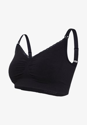 Zwarte draadloze bralette met een v-halsdesign, textuurstof, kanten rand langs de halslijn en verstelbare bandjes. Zacht en rekbaar materiaal.