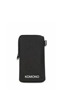 Zwarte ritstas gemaakt van textuurstof met een platte vorm. Heeft een wit "KOMONO" logo aan de onderkant, een ritssluiting aan de zijkant en een logo-label.