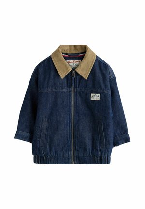 Denim jacket with a beige corduroy collar, front zipper, two side pockets, elasticated hem, and logo patch on the left chest.