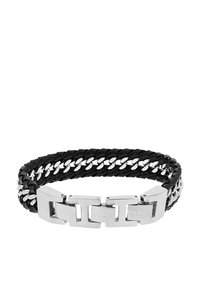 Zwart gevlochten leren armband met zilveren schakels en een metalen sluiting gegraveerd met "JOOP!" voor extra detail.