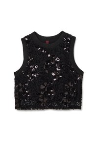 Top nero senza maniche con dettagli in paillettes floreali e tessuto testurizzato. Presenta un scollo e un orlo a costine, con motivi intricati su tutta la superficie.