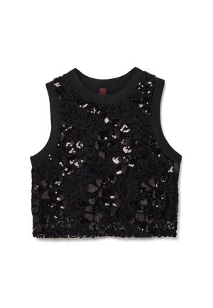Top nero senza maniche con dettagli in paillettes floreali e tessuto testurizzato. Presenta un scollo e un orlo a costine, con motivi intricati su tutta la superficie.
